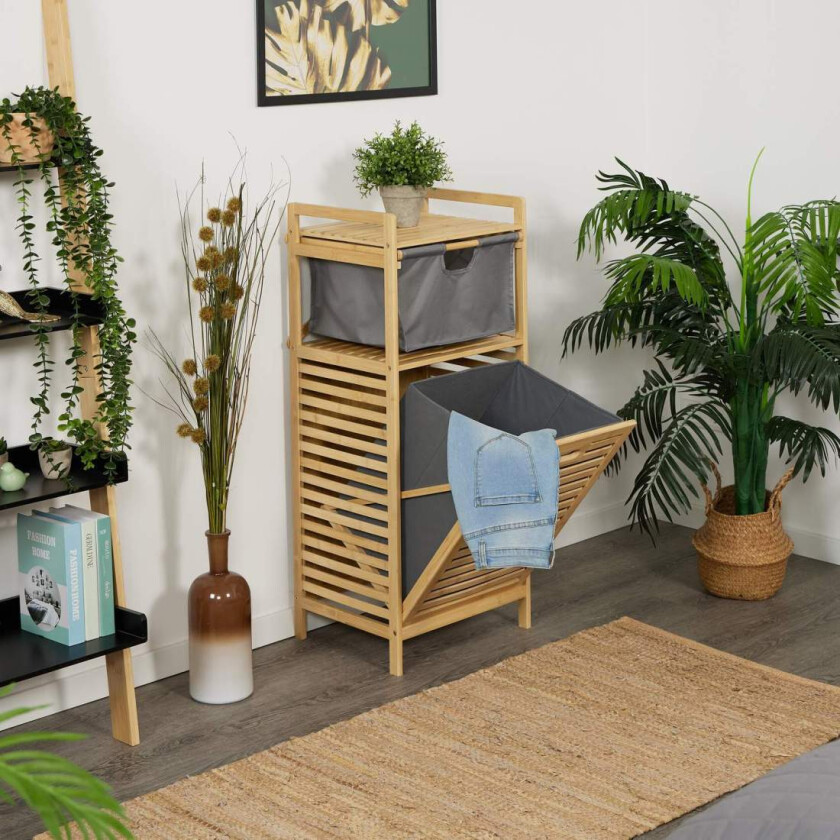 Baderomshylle med vippbar skittentøyskurv – bambus