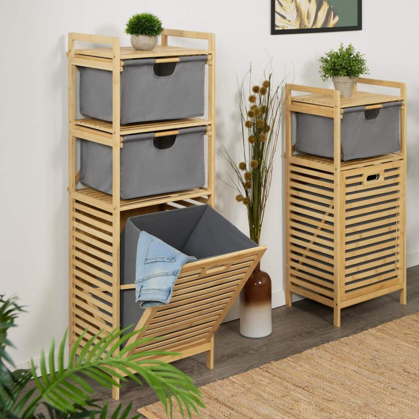 Baderomshylle med skittentøyskurv og 2 skuffer