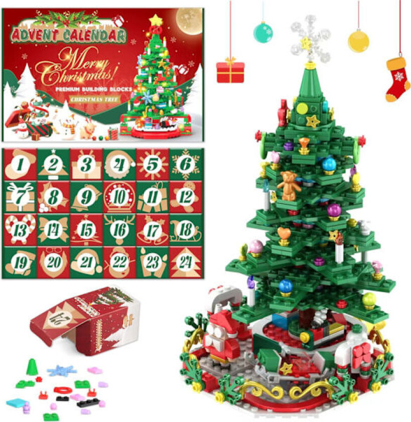 Adventskalender 2024 Juletre Byggesett Leke, 1066 Biter Jul Nedtellingskalender, 24 Dager Byggestein_jarx