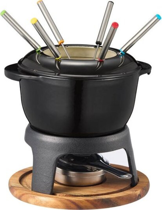 Foni fondue støpejern med treplate 18x18 cm 1,8L svart