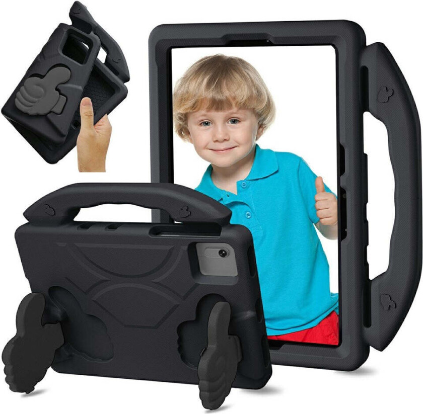 Xiaomi Redmi Pad 2 / SE / 6 / 5 / Lenovo Tab M11 / Samsung Galaxy Tab S10 FE / S9 FE / S9 / S8 / S7 Barn Deksel m. Thumb Kickstand - Svart