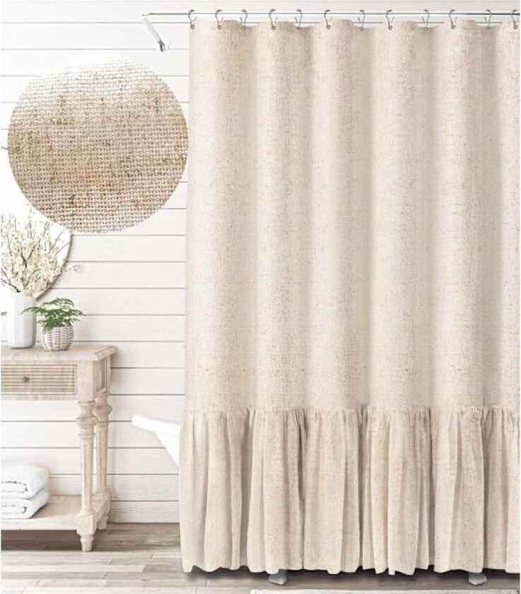 1 stk Lin Farmhouse Dusjforheng med Ruffel Dusjforheng for Bad, Beige Naturlig 72\"x72\" 12 Kroker