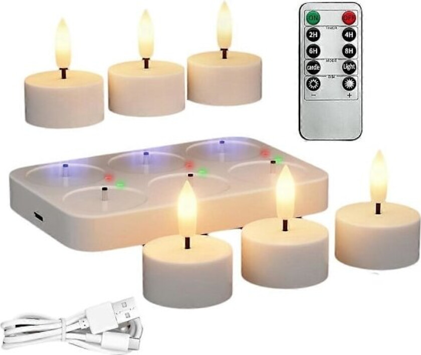 /NN/Oppladbare flammeløse telys med ladestasjon 6 stk batteridrevne telys