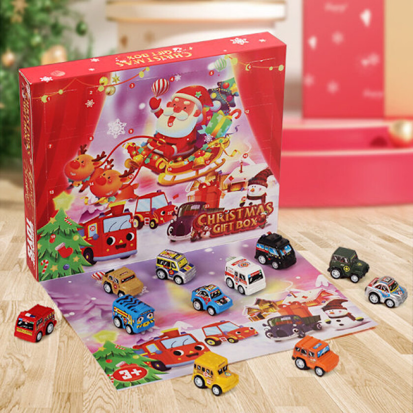 Adventskalender for barn med biler, 24 biler, brannbiler, fly, gravemaskiner (med kart), 24 dager til jule-nedtellingsgaveeske, leker for gutter