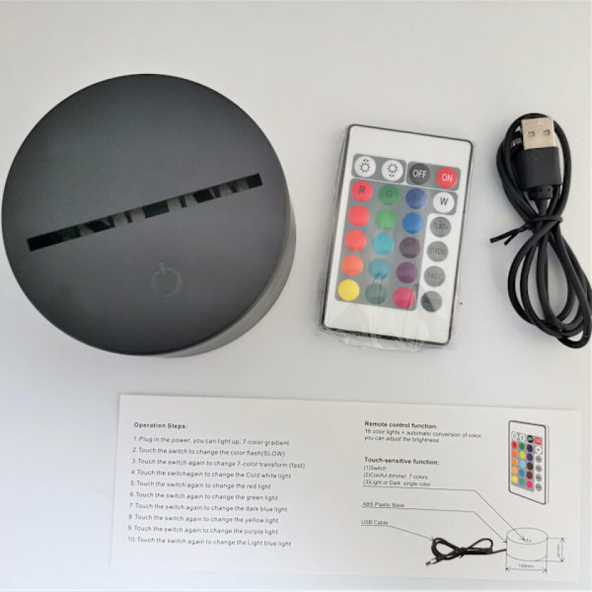 3D LED-lysbase nattlampe fjernkontroll USB-kabel justerbar