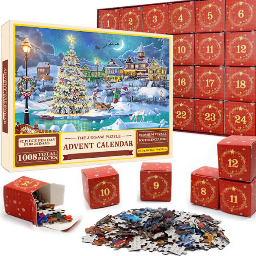 Puslespill Julekalender 2024, 1008 Puslespillbrikker 24 Dagers Juletelling Julekalendere
