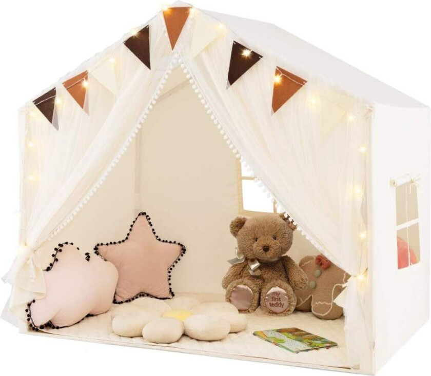 Leketelt for barn med gardiner og stjernelys – Stort innendørs lekehus