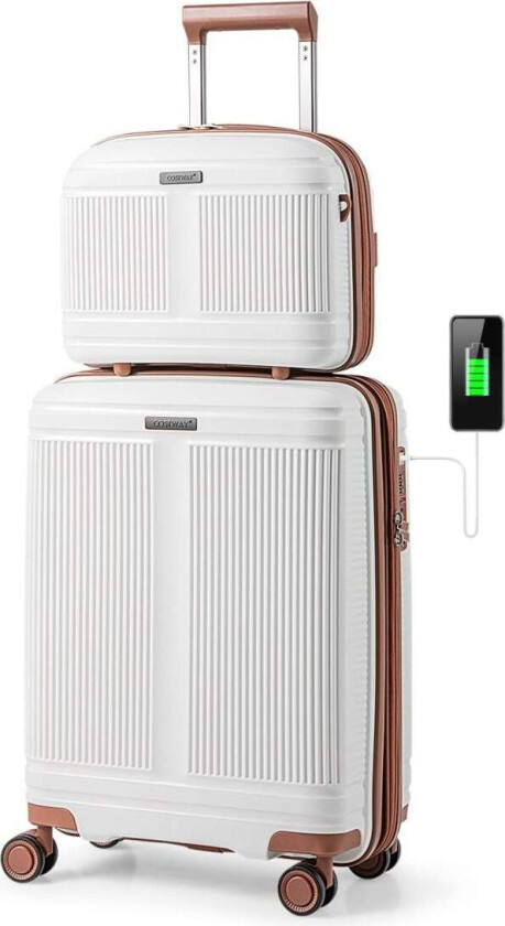 2-delt bagasjesett med USB og TSA-lås – Hvit