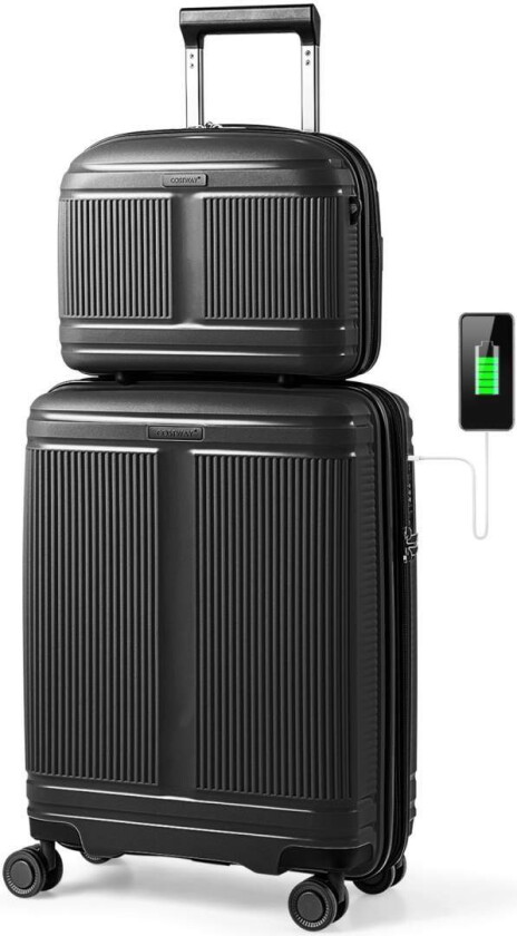 2-delt bagasjesett med USB og TSA-lås – svart