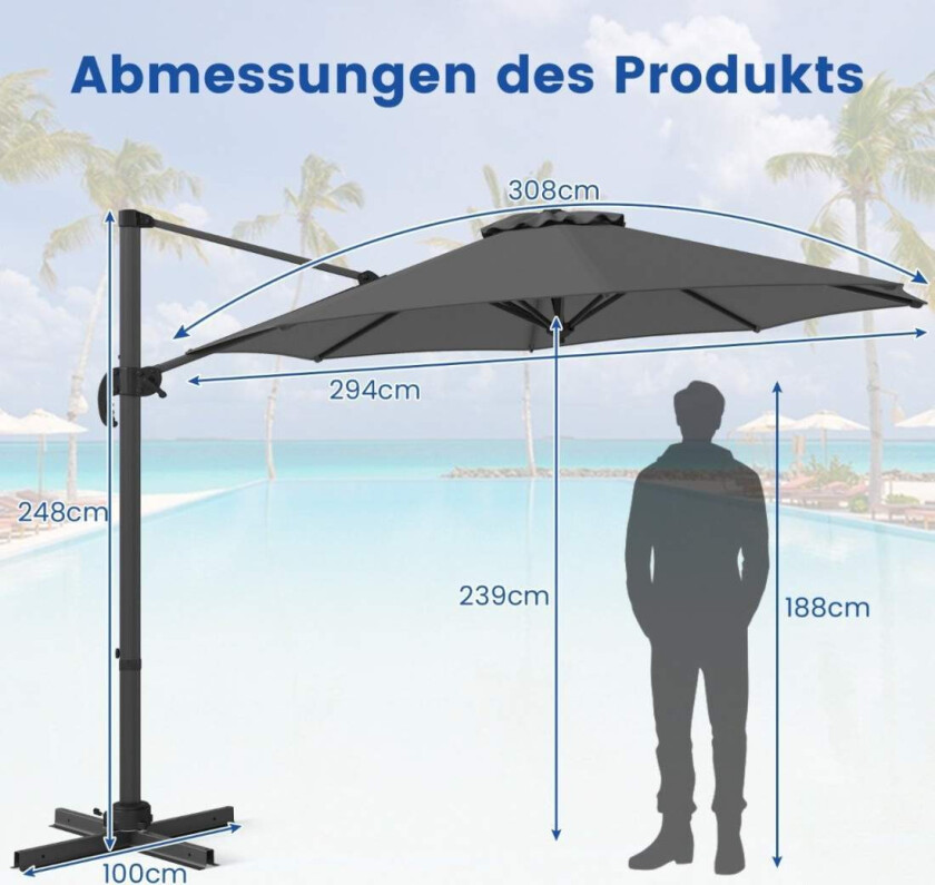 Utendørs parasoll, 360° roterende, justerbar tilt, grå