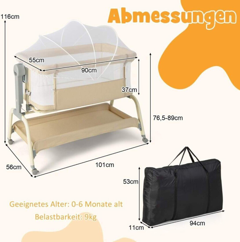 4-i-1 babyseng med myggnetting, justerbare høyder