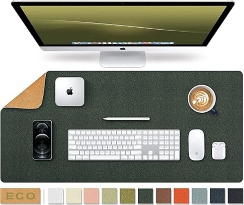 Stor naturlig kork og lær vanntett tastaturmatte, kontor/hjem/spill/dekorativ musematte (mørkegrønn, 23,6 x 11,8 tommer)