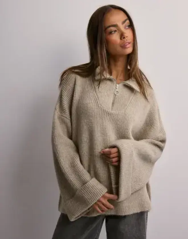 Beige - Onlmette Ls Highneck Zip Ex Knt
