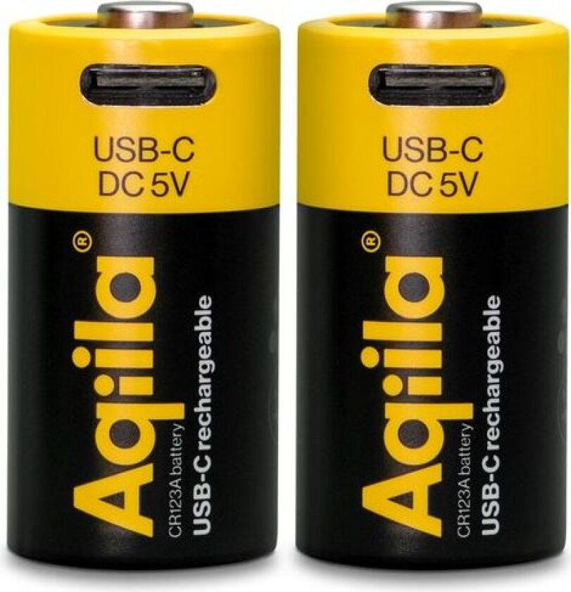Aqiila Li-ion 750mah oppladbart CR123A-batteri med USB-C - 2-pakning