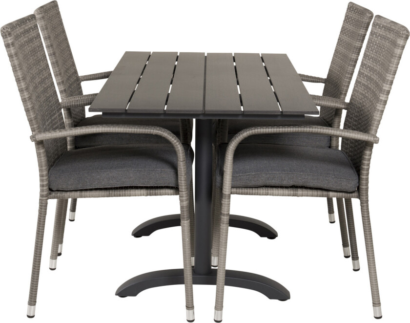 VENTURE DESIGN hagesett, m. Denver kafébord (120x70) og 4 Anna-stoler - sort i tre/alu/grå rotting