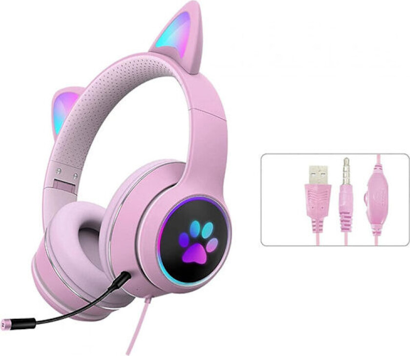 Sammenleggbart Gaming Headset med Katteører, RGB LED-lys, Stereolyd, Mikrofon, USB 3,5 mm, Kablet Over-Ear Gaming Headset for Barn og Voksne