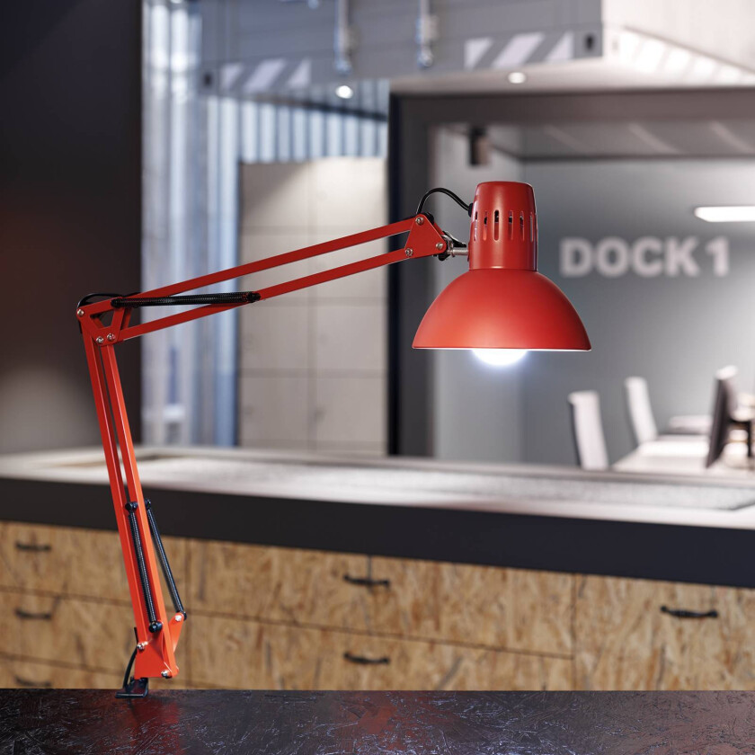 LED-klemmelampe MAULstudy, rød, stål, høyde 44 cm, E27