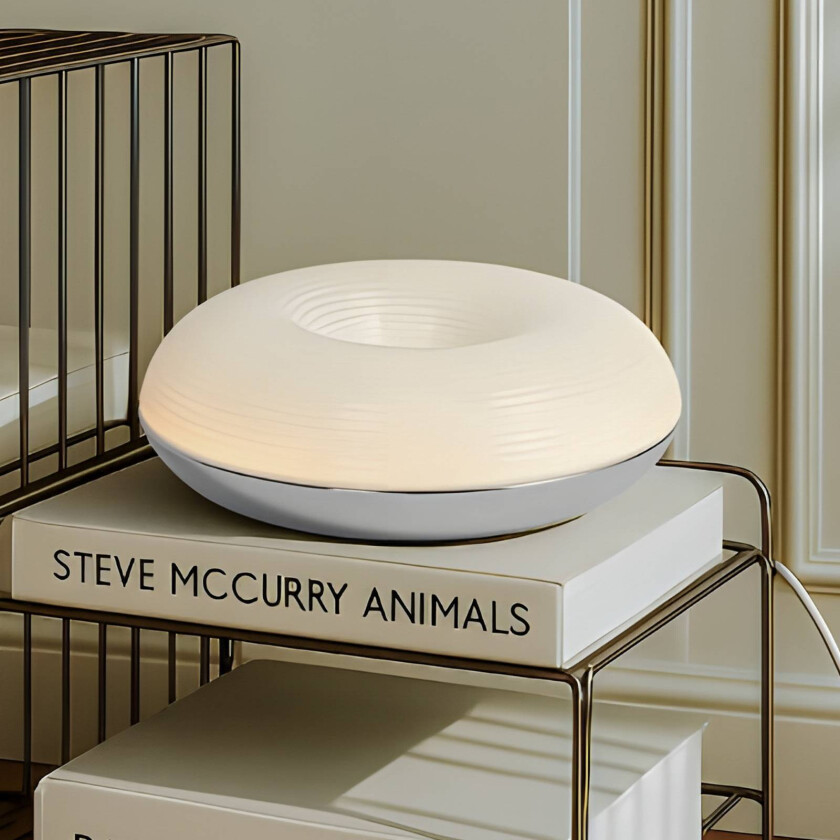 Lindby LED-bordlampe Fjora, hvit/krom, Ø 30 cm, dimbar