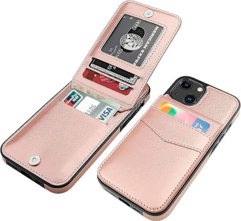 iPhone 13 Lommebokdeksel med Kortlommer, Premium Lær Magnetisk Lukking Stativ Robust Beskyttelse for iPhone 13 (Rose Gull)