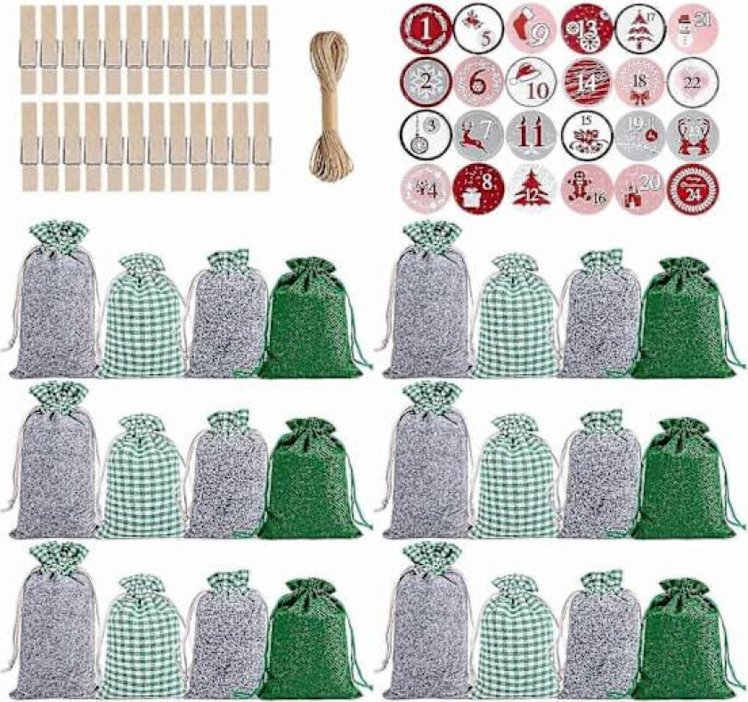 Adventskalenderposer | Juleposer med snøring gavesett | 24 dagers hengende adventskalendere i burlap