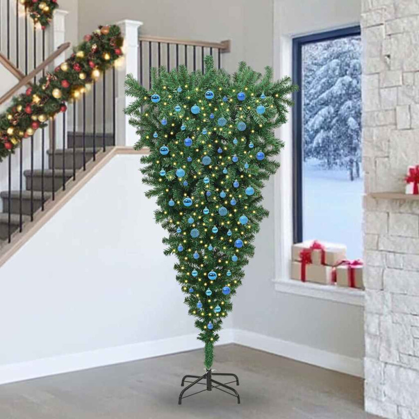 Opp-ned kunstig forhåndsbelyst juletre med kule sett 240 cm