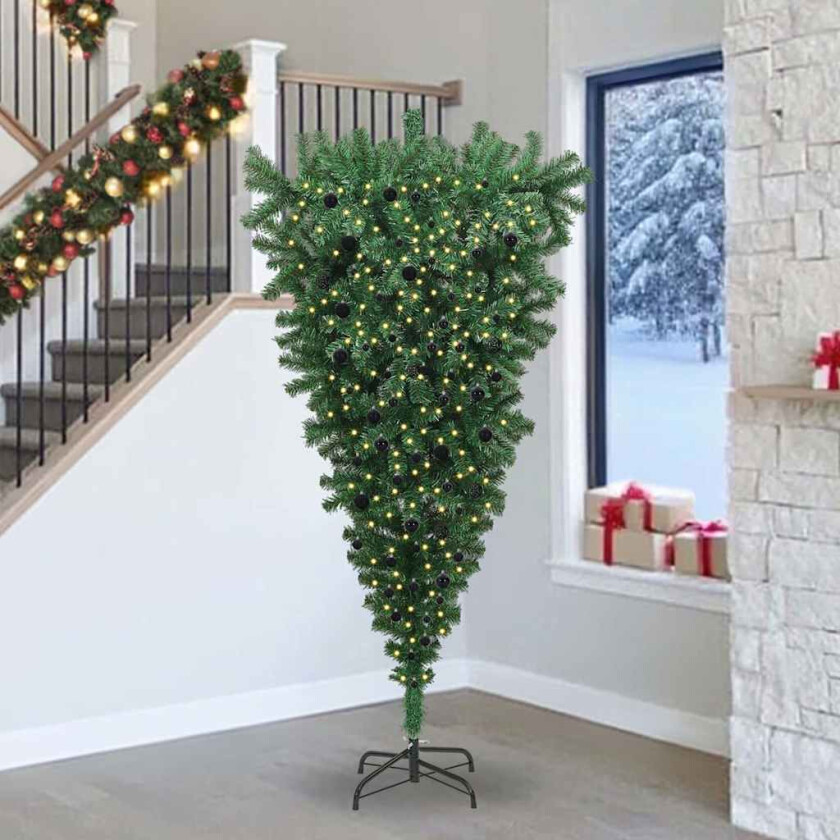 Opp-ned Kunstig Forbelyst Juletre med Kulesett grønn 240 cm PVC