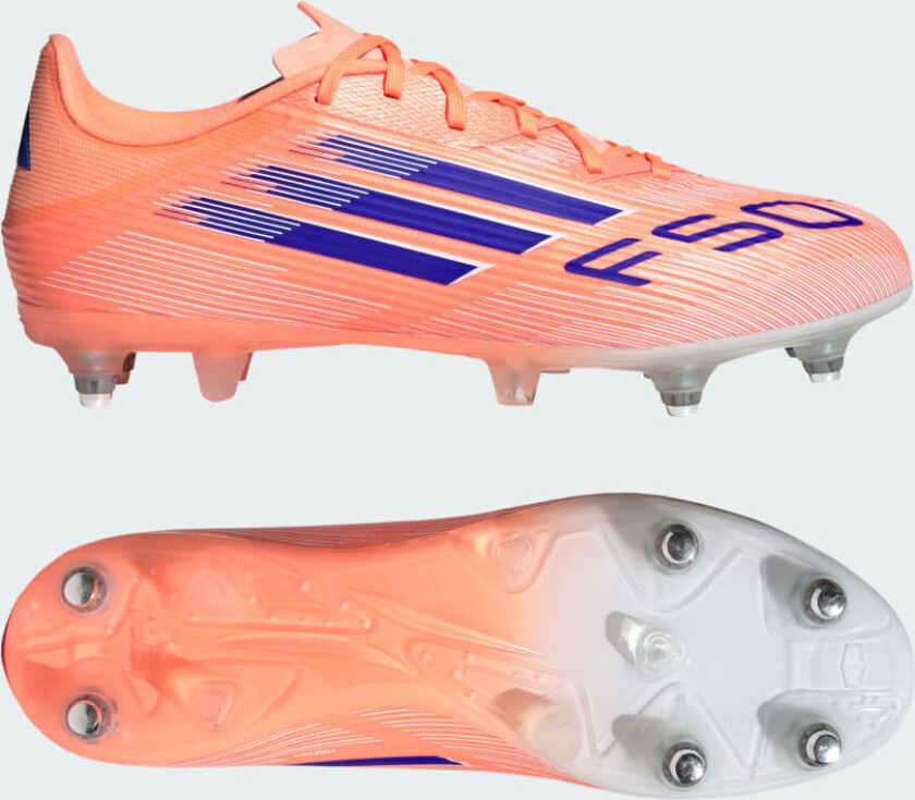 F50 League SG Coral Blaze - Oransje/Lucid Blue/Fottøy Hvit - Vått gress (SG), størrelse 42⅔