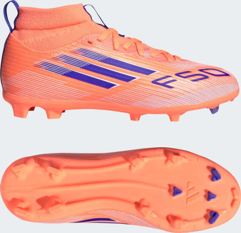 F50 League Mid FG/AG Coral Blaze - Oransje/Lucid Blue/Fottøy Hvit Barn, størrelse 28½