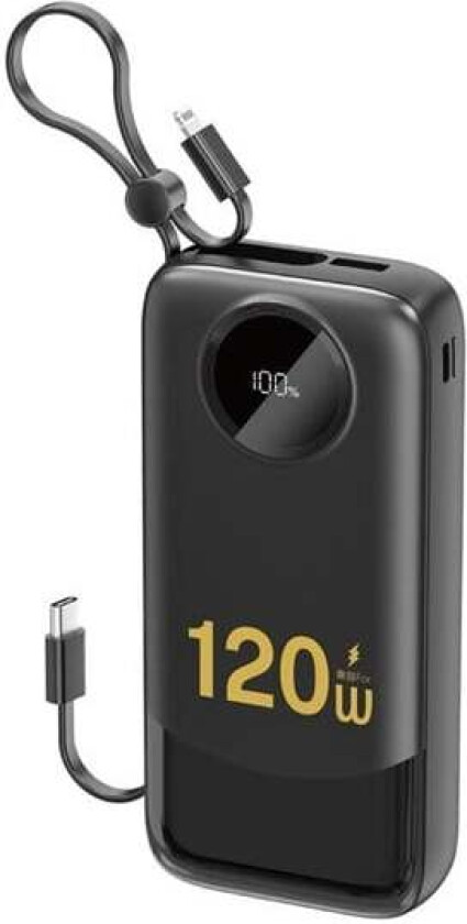 K13Pro 20000mAh Powerbank with Built-in Cable - Black Nødlader - Svart - 20000 mAh