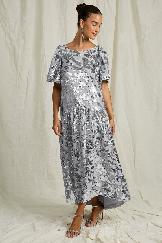 Maxikjole med puffermer - Sølv