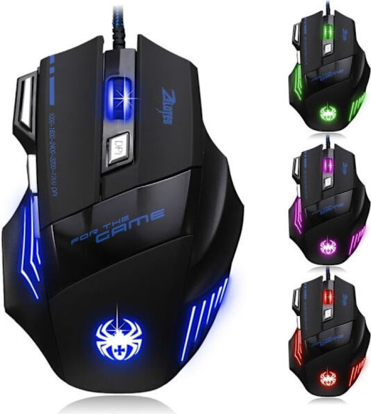 Kablet spillmus, 2400 DPI, 7 knapper ergonomisk mus, optisk USB-mus, datamus, kablet mus for PC, laptop, svart