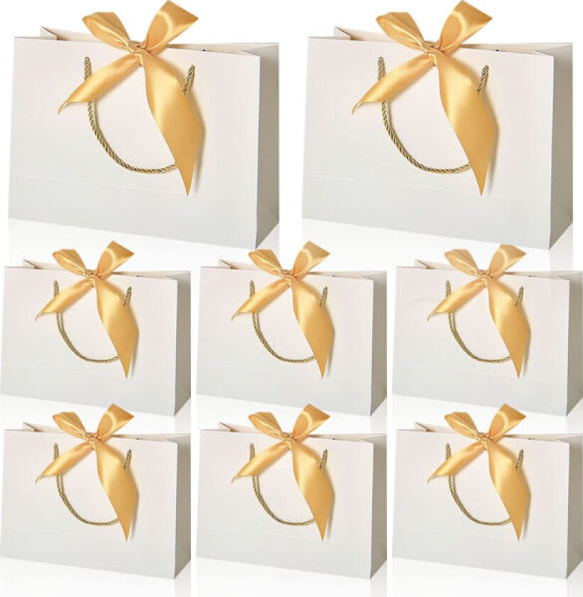 Papirgaveposer, Papirposer med Håndtak, Gaveposer med Sløyfe, Stor Gavepose 32x25x11 cm, 8 Stykker Gaveposer i Hvit
