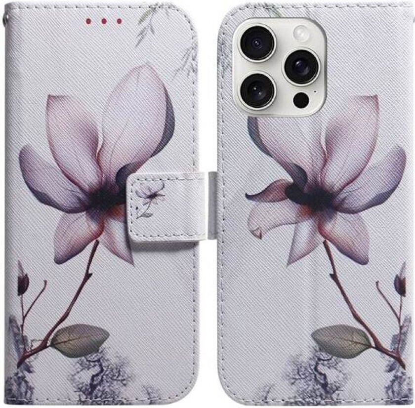 iPhone 16 Pro Max lommebokveske med mønstertrykk i skinndeksel - Rosa Blomst