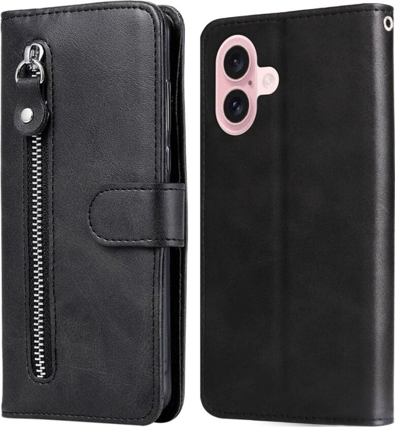 iPhone 16-etui med glidelåslomme lommebok Støtsikkert vegansk lærdeksel - Svart