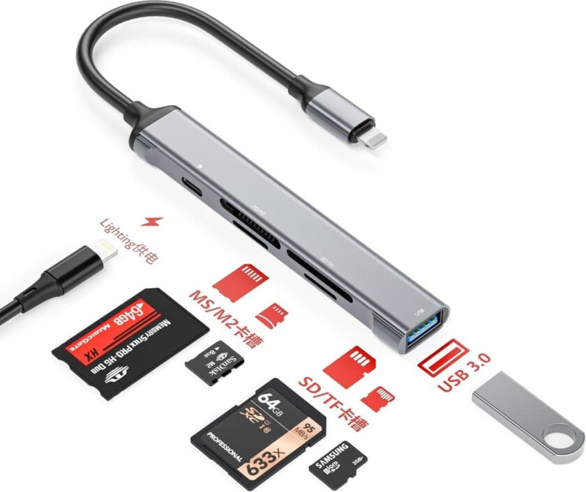 NÖRDIC Lightning-kortleser 4 spor SD, MicroSD, MS, M2 1xUSB-A 3.0 1xLightning-lading UHS-I