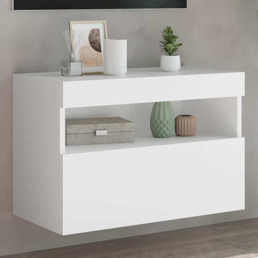 Vegghengt TV-benk med LED hvit 60x30x40 cm