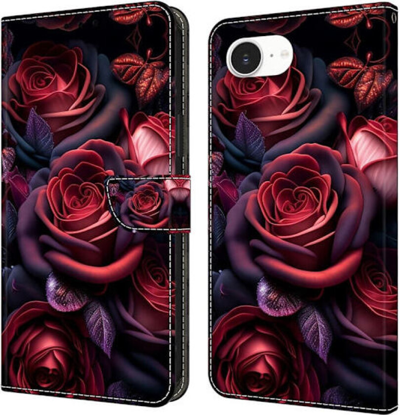 iPhone 16e lommebokveske med mønstermønster som trykker på stativ, flip-telefondeksel i lær - Svart Rose