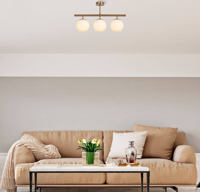 Taklampe Atmaca, 3 lyskilder, gull antikk, glass, 60 cm