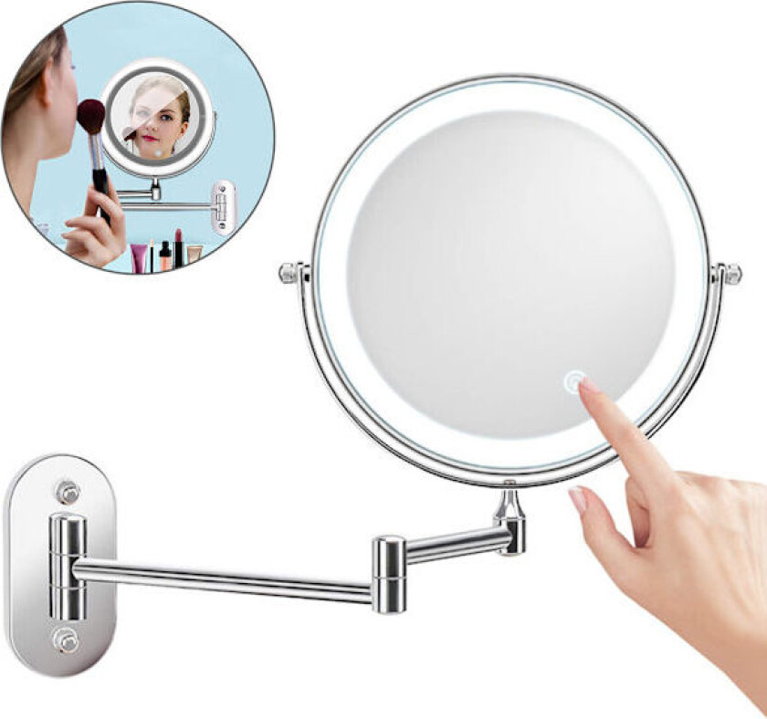 Veggmontert sminkespeil med LED-lys 5X forstørrelsesspeil 360° Rotasjon Dimbar lys for bad omkledningsrom Hotell