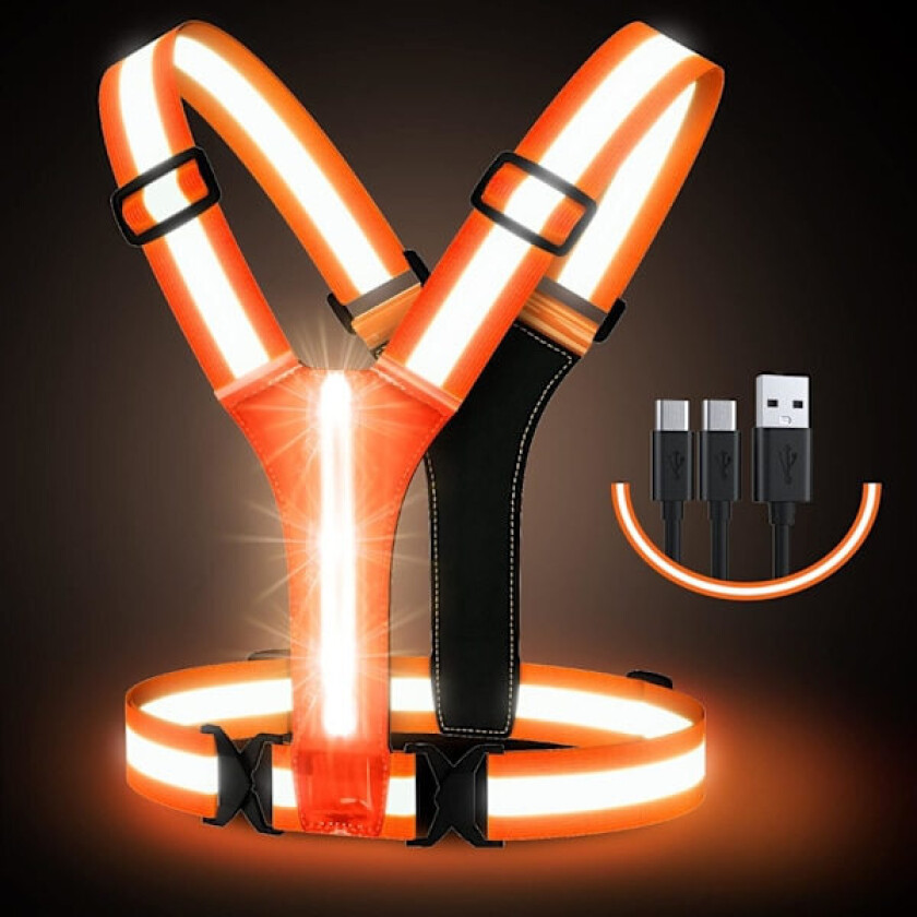 LED refleksvest, USB oppladbar, justerbar midje/skulder - Oransje