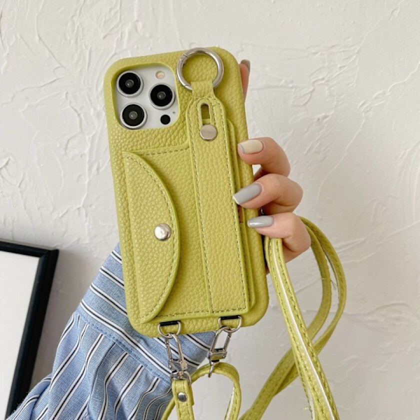 Etui til iPhone 13mini Kortholder Håndleddsstropp Crossbody Grønt Lær kortholder, håndledd crossbody