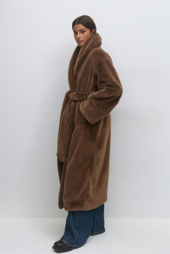 - Faux fur belted long coat - fuskepels jakker - Brun - L - Dame