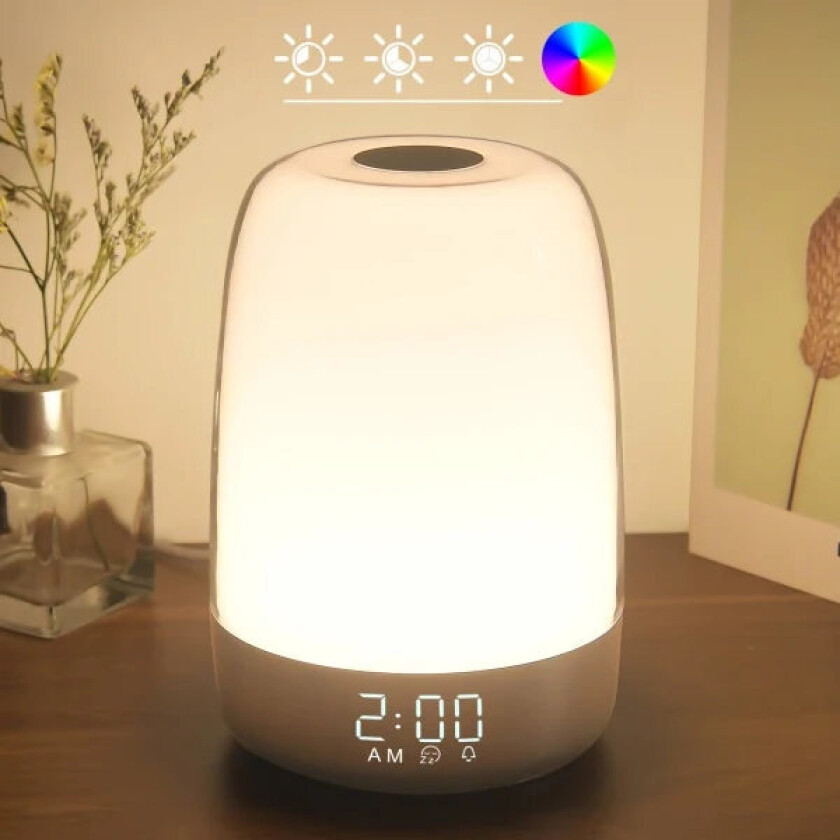 Touch Wake Up Nattlampe med Soloppgangsimulering Vekkerklokka, 3-veis Dimbar Varmt Hvit Senglampe RGB Ambient Bordlampe, Timermodus