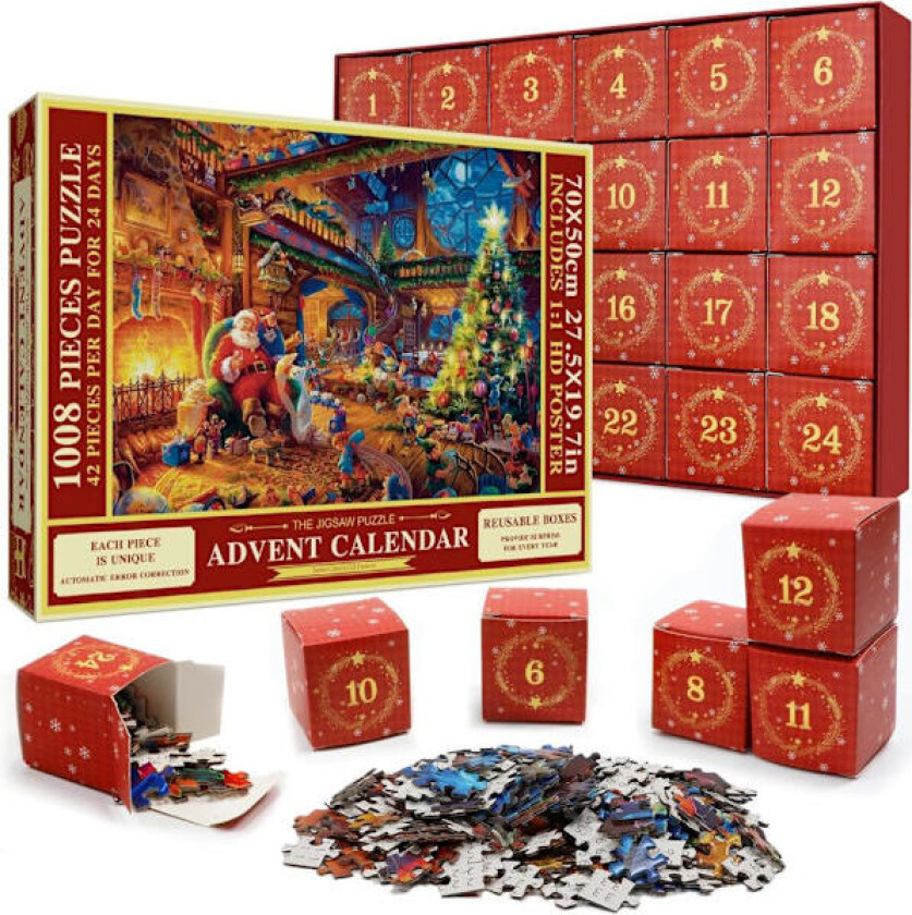 QU-Adventskalender 2025 Puslespill 1008 Brikker Puslespill 24 Dager Julekalendere for Barn Voksne