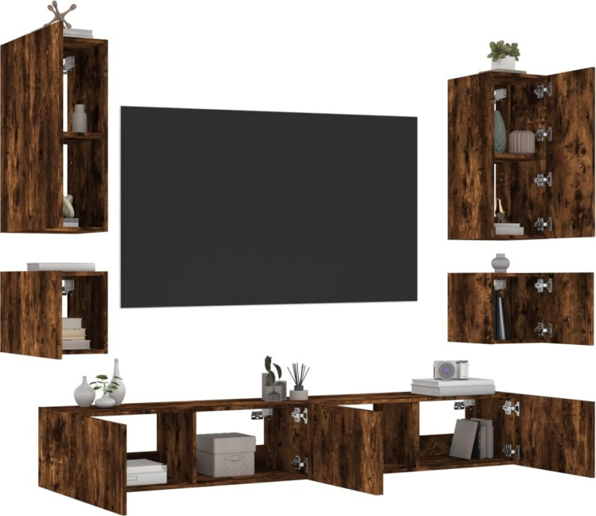 Vegghengte TV-benker med LED 6 stk røkt eik