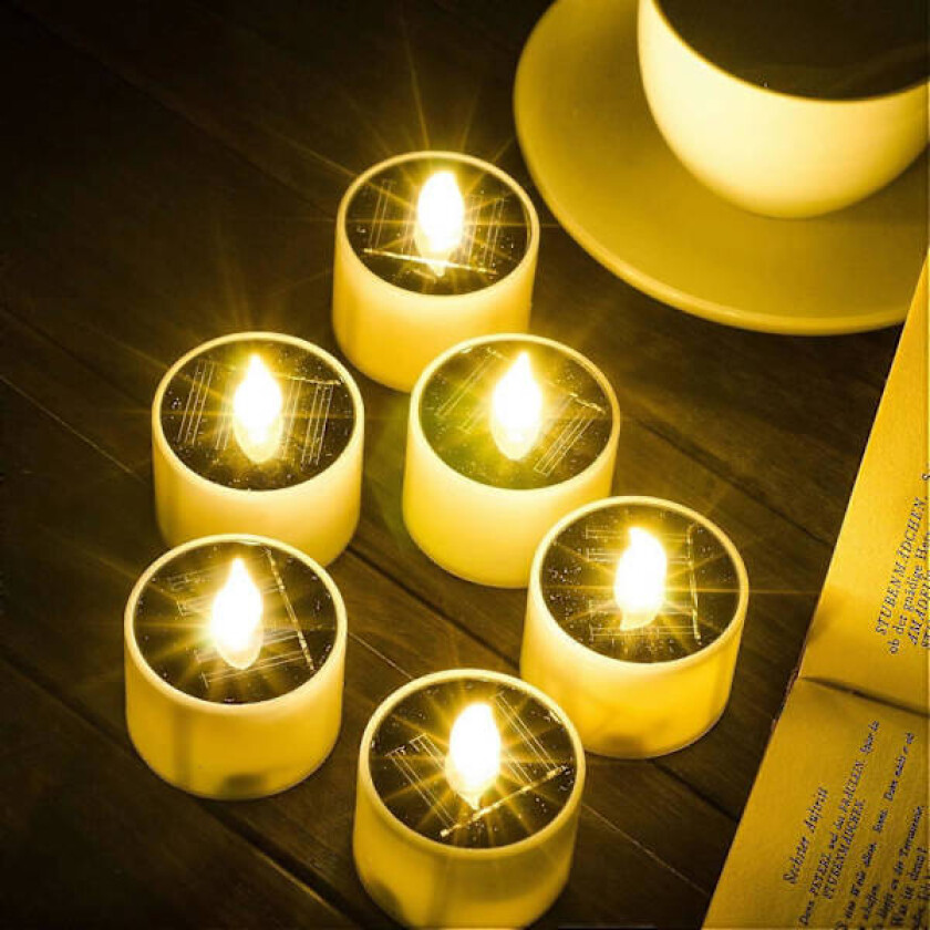 6 stk. Solcelledrevne telys utendørs, flammeløse LED-lys med flimrende effekt, IP65 vanntett, oppladbare med sensor for skumring til daggry, for lykter, hage, camping