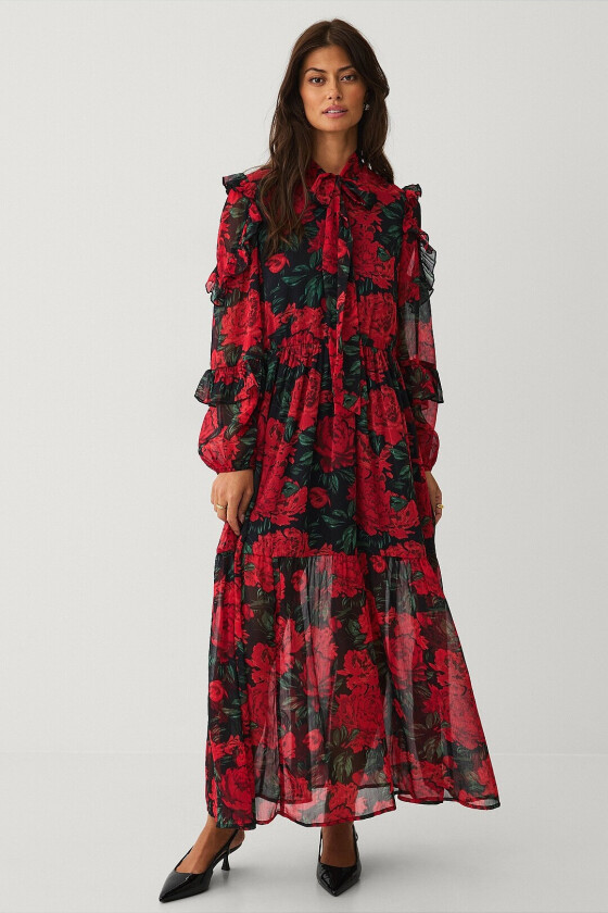 Maxikjole med blomster mønster - Rød