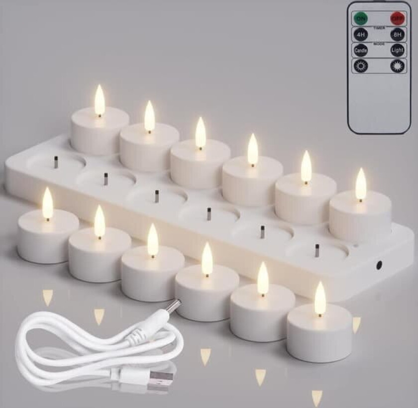 12 stk. oppladbare LED-telys uten flamme – med fjernkontroll og timer, batteridrevne lys for Halloween og festdekorasjon