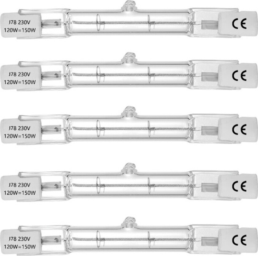 Halogenrør, R7S sokkel, T3 halogenrør lampe, 230V, 120W, 78mm, varmhvit - 2800K (5 stk)