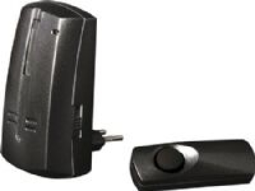 Trådløs dørklokke antracit 230V plug in, leveres med ringetryk. Rækkevidde op til 100m. Trykket bruger 1 stk CR2032 batteri